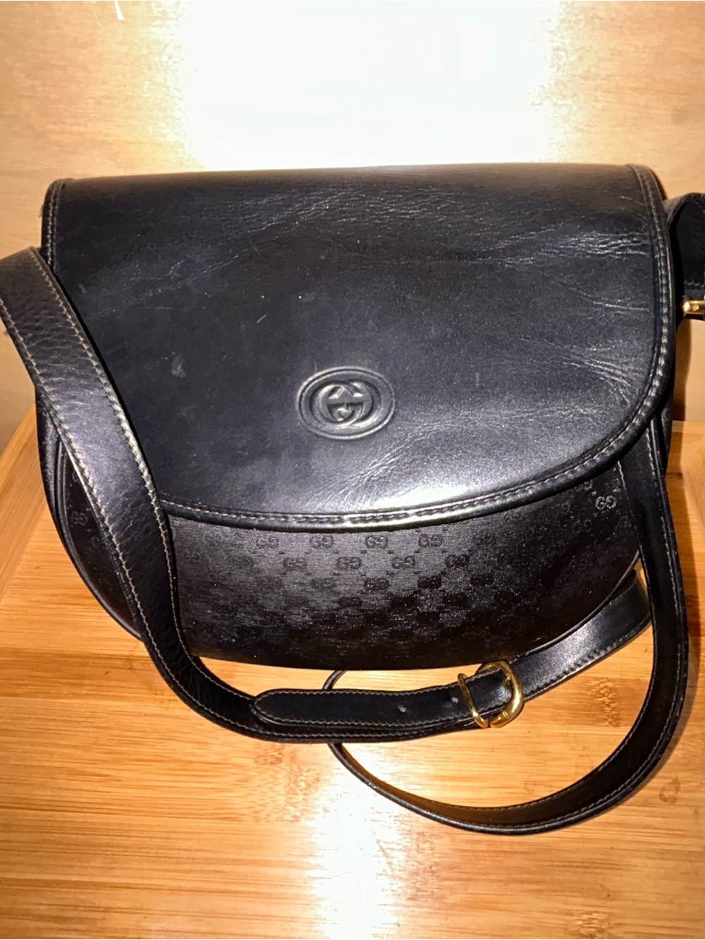 Vintage Gucci Black Leather and GG Canvas Crossbody Bag